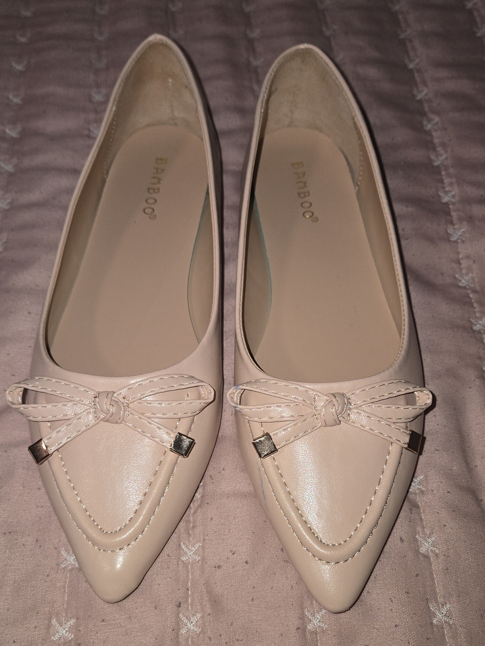 BAMBOO Women's Pointed Bow Flats - Light Cream